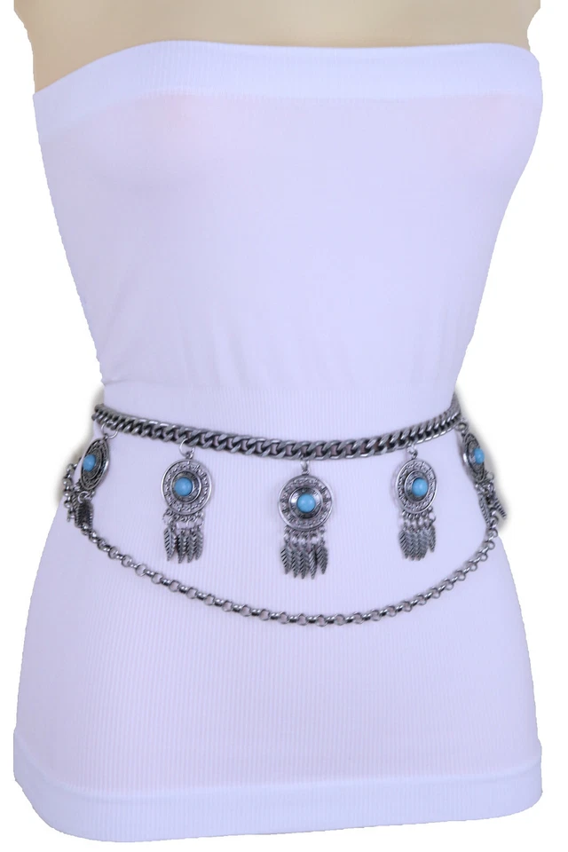 Cinturón Mujer Plata Metal Cadena Eslabones Pluma Atrapasueños Turquesa Dije M L XL Foto 4 de 4
