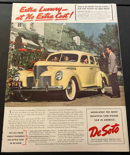 Yellow 1939 DeSoto "Extra Luxury At No Extra Cost" - Vintage Print Ad / Wall Art