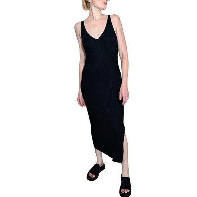 Line & Dot Hall Dress in Black Ribbed Sleeveless V-Neck Midi Size S Minimalist