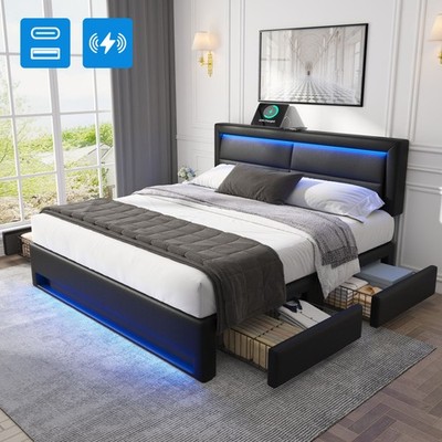 Lit capitonné 140x190cm USB LED 4 tiroirs PU noir sans matelas