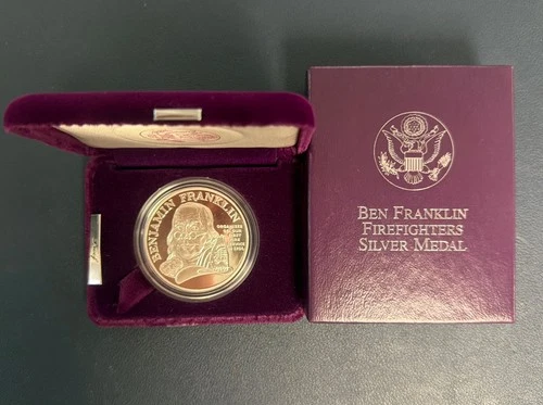.999 Fine Silver 1 Troy Oz Proof Round Ben Franklin Firefighters Medal Box/Coa