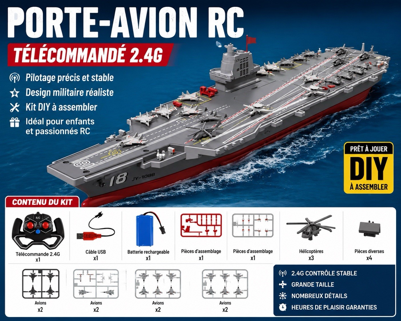 Bateau militaire télécommandé 2.4G rechargeable avec porte-avion RC DIY - 2