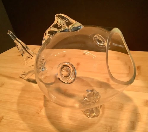 Large Blenko Style Hand Blown Clear Glass Fish Sculpture Vase/Bowl Wide Mouth
