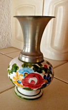 Keramik Zinn Vase mit Blumenmotiv handgemalt 16 cm hoch NEU