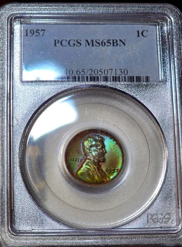 1957-D Lincoln Wheat Cent 1C Penny TONED BOTH SIDES MS 65 BN Rainbow Toned Coin