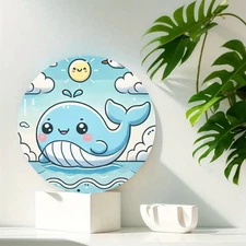 2D Flat, 1pc Round Aluminum Wall Art - Cute Cartoon Whale with Smiling Face, Blu