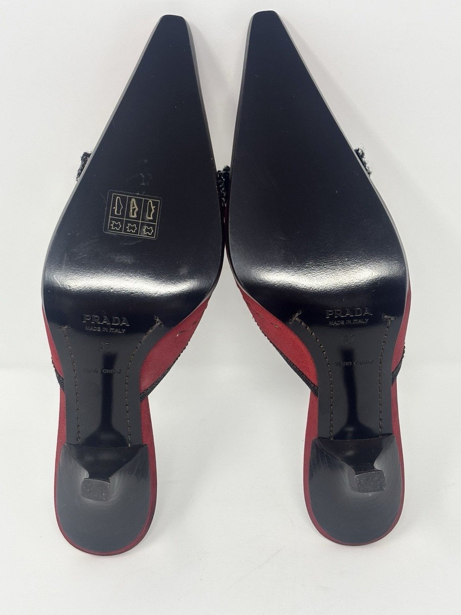 Prada Red Suede Mule Heels Size 37 Pointed Toe Kitten Heel Slides