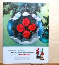 1950 magazine ad for Four Roses Whiskey - 4 Roses Christmas ornament on tree