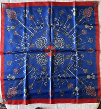 Vintage -Keys Motif- Silk Scarf :- 34  X 34  Blue, Red, Gray- Beautiful