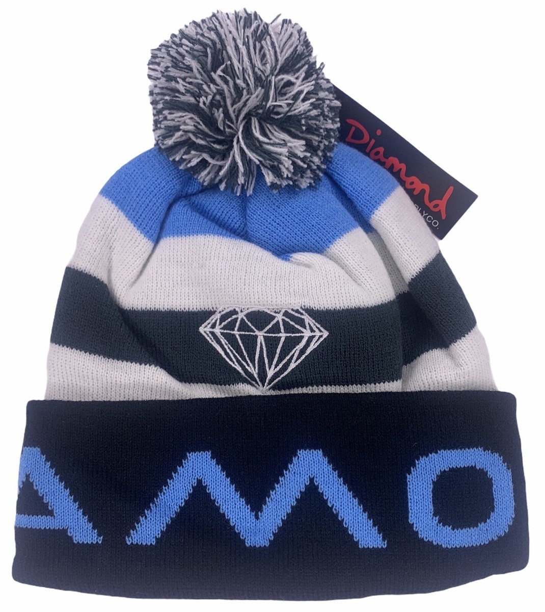 Brand New Diamond Supply Beanie Cap Hat POM Blue Black White NWT