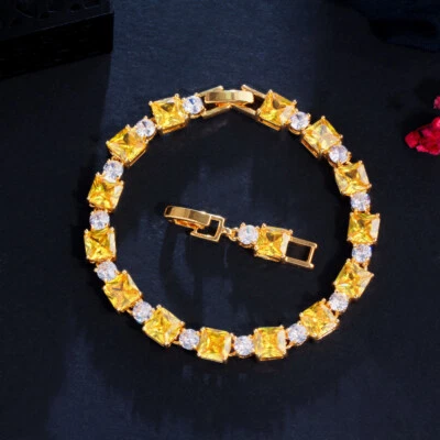 Gold Plated Yellow Square CZ Zircon Crystal Tennis Bracelet Women Bridal Jewelry - Image 1 of 4