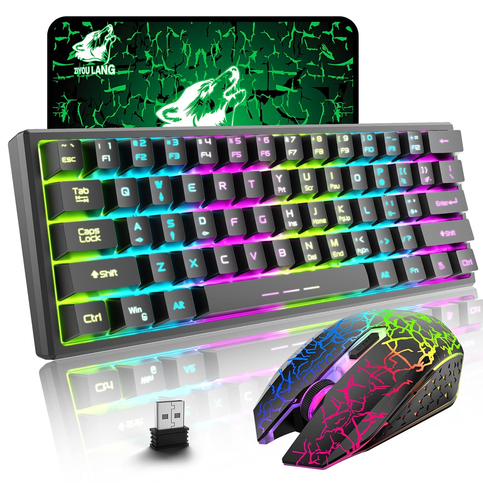 ZIYOU LANG T61 Wireless Gaming Keyboard and Mouse Combo with Ergonomic 61 Key...