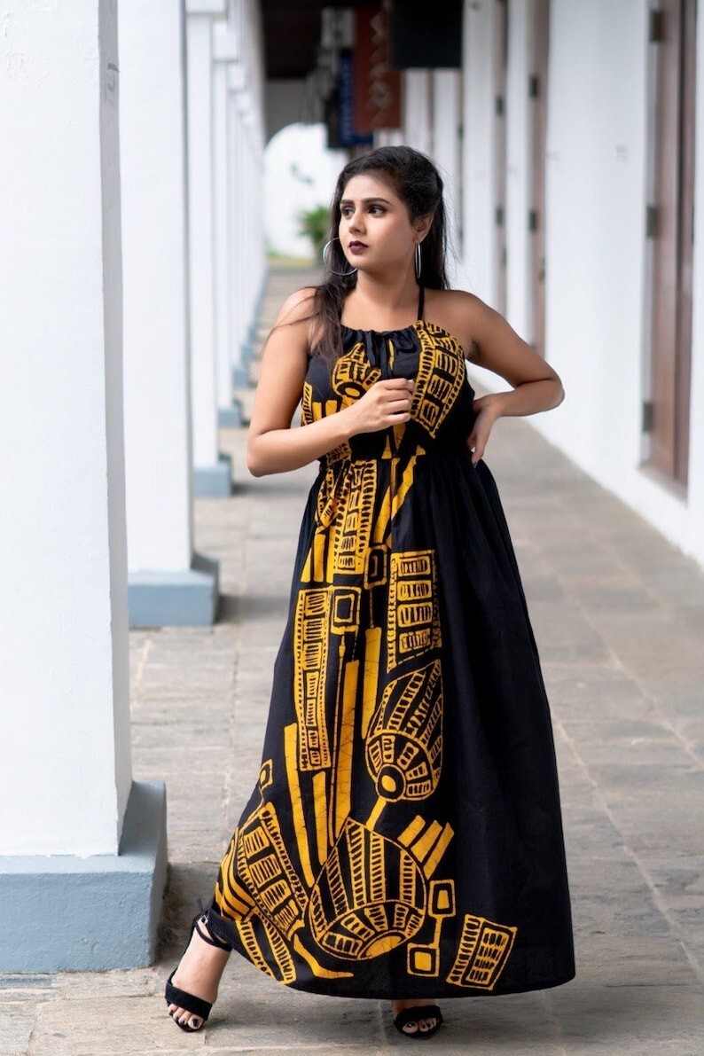 batik halter dress Sri Lankan Handmade Stripped Long Black Witch Bohemian Gothic Maggie cheung
