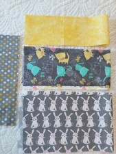 Small Lot Gray Yellow Pink Quilting Cotton Strip Remnants Cats w Glasses Bunnies