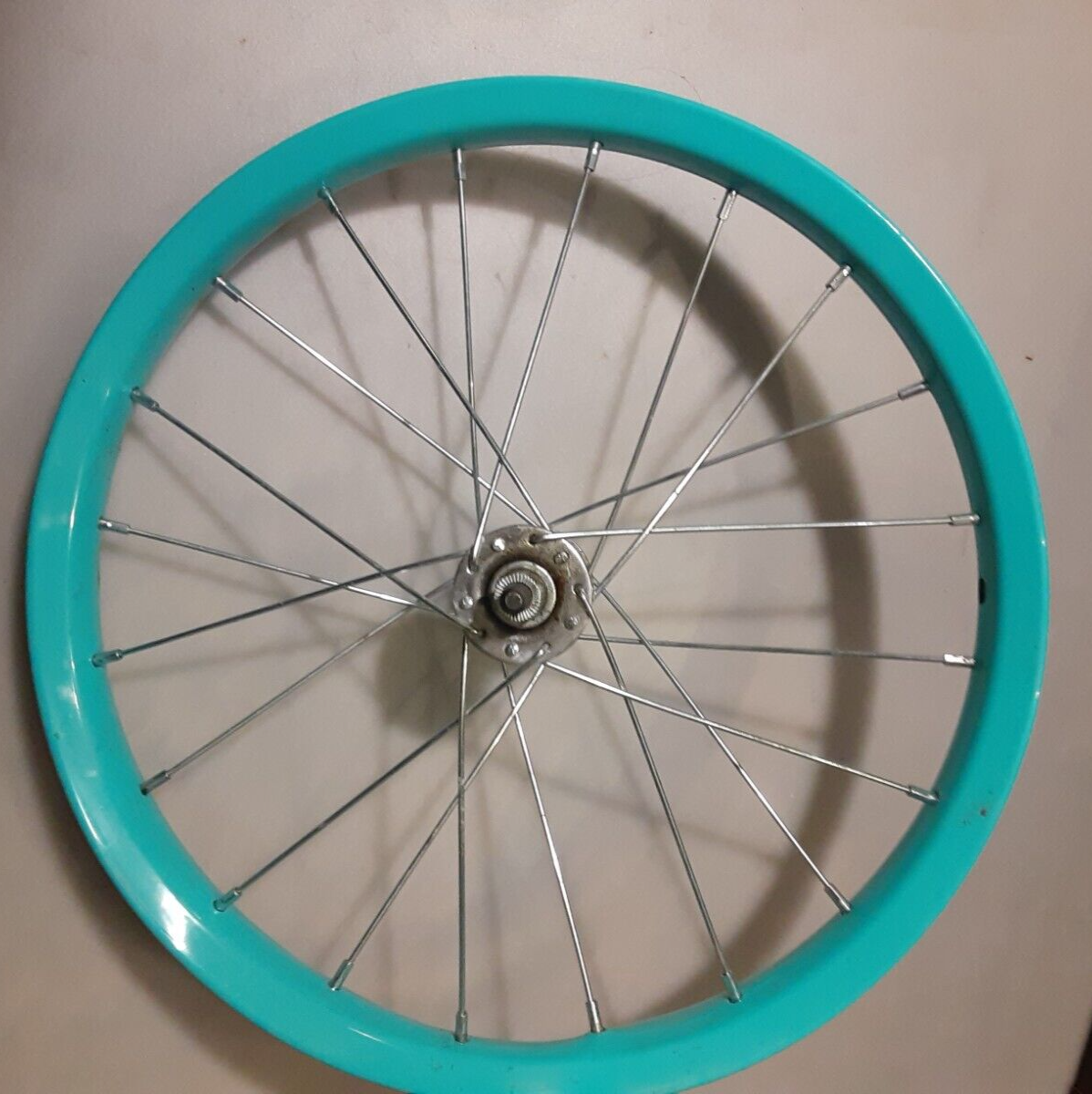 12.5" diameter front bike RIM, for 16" tire, blue green, VERY WARPED