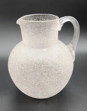 Victorian Glass Overshot Pitcher Crackle-Like With Ribbed Handle 7-1/4"T Texture
