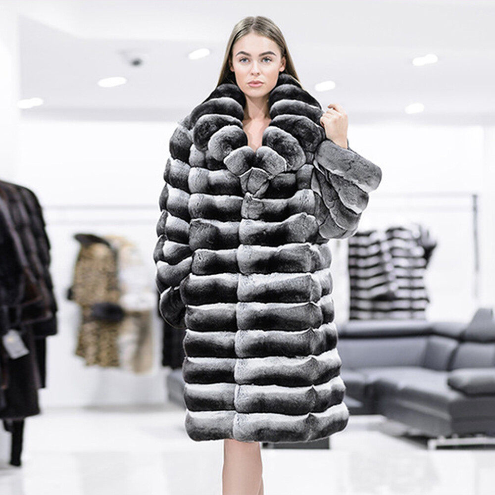 Fashion Women Chinchilla Real Rex Rabbit Fur Coat Lapel Collar Fur