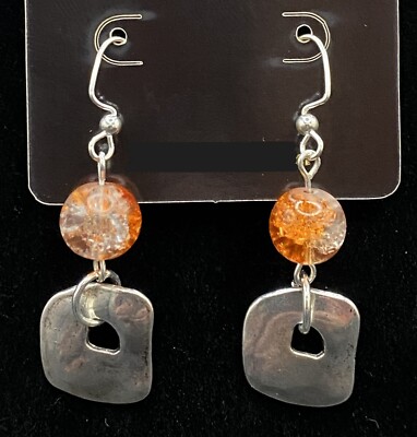 Handmade Abstract Square Clear Orange Crackle Glass Bead Earrings by Neanie-Bot