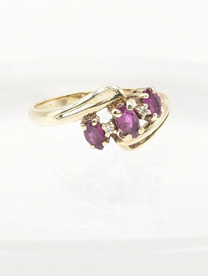 10K Solid Yellow Gold Marquise Natural Ruby & Diamond Bypass Over-Under Ring S-7 - Image 3 of 4