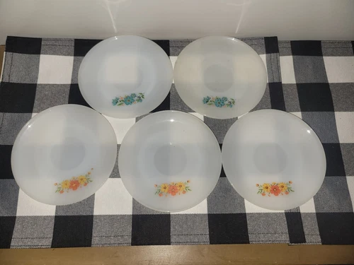 (5) Vtg Fire King Anchor Hocking Orange, Yellow & Blue Floral Saucers Milk Glass