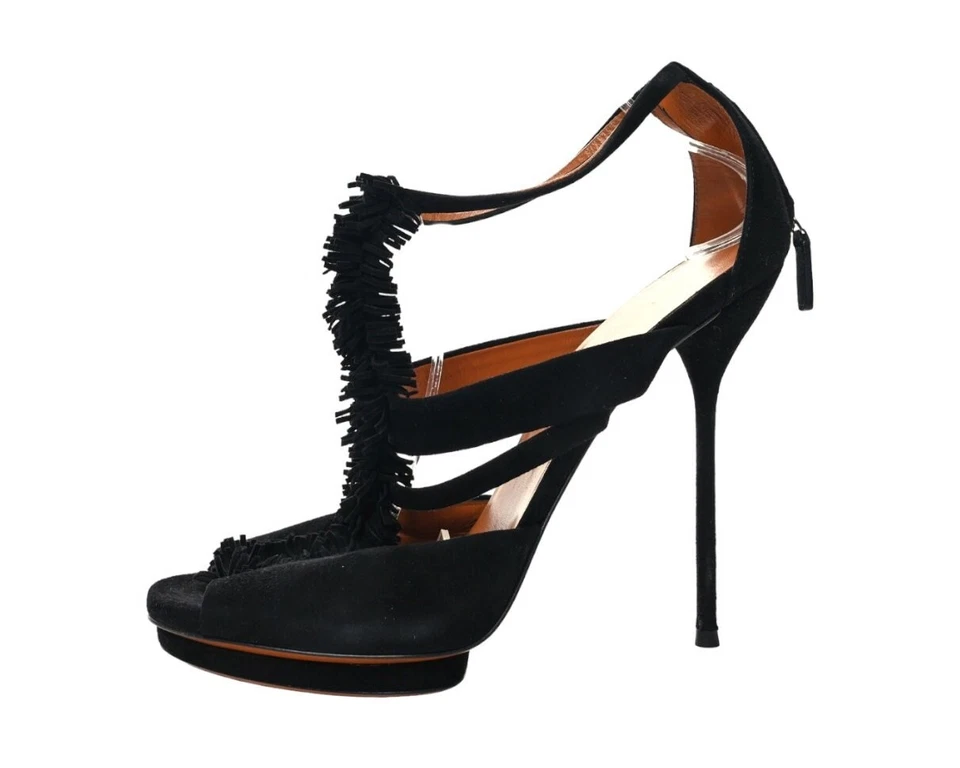 Gucci Womens Black Suede Fringe Wrapped Heel Youma Platform Sandals Size US 10.5 - Image 2 of 4