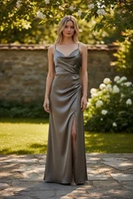 Birdy Grey Catherine Shiny Satin Dress Mocha Size Small NWT