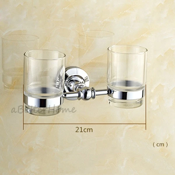 Bathroom Chrome Double Glass Tumblers Holder Toothbrush Holders Kit Wall Mounted - Image 4 of 4