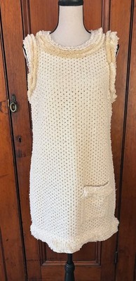Pre-Loved Rachel Zoe Cream Textured Mini Dress Fringe Pocket Sleeveless Size 6