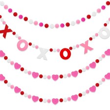 4Pcs Valentine's Day Garlands Ball Felt Heart Pompom Garland Decorations Banner