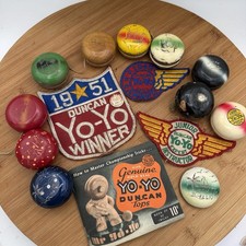 VTG Duncan Yo-Yo Collection Lot 1950's wood Tournament Memorabilia Patches book