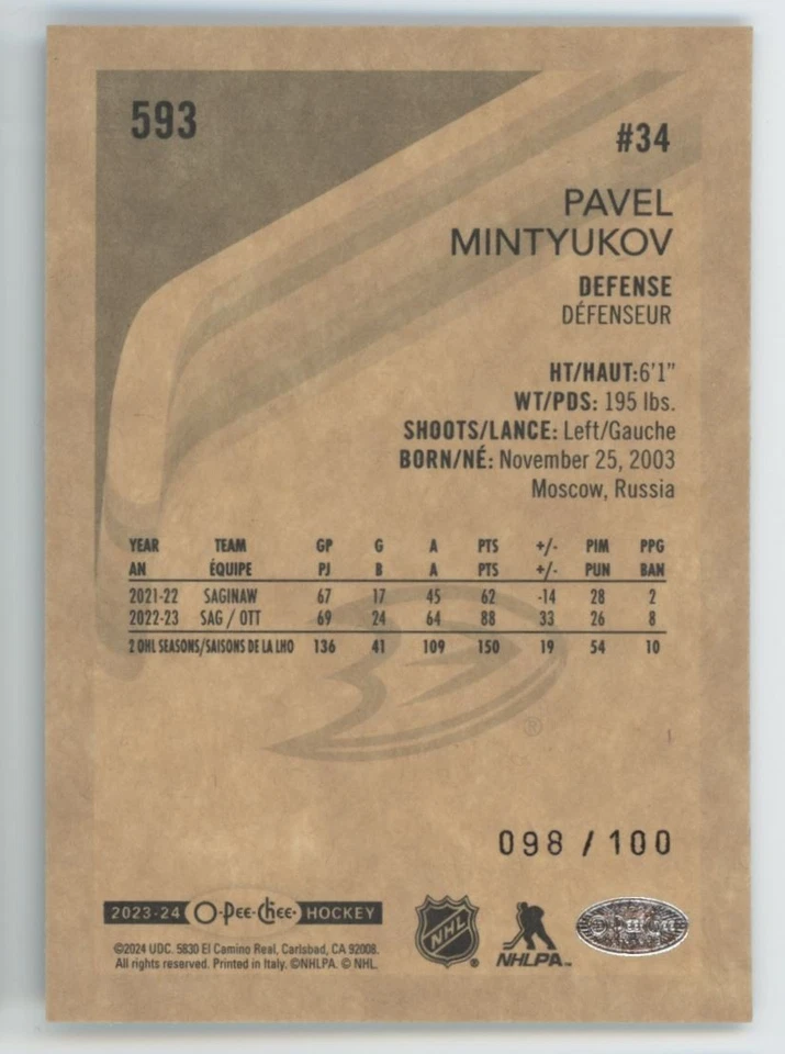 2023-24 O-Pee-Chee Black 098/100 Pavel Mintyukov Rookie  Anaheim Ducks #593 - Image 2 of 2