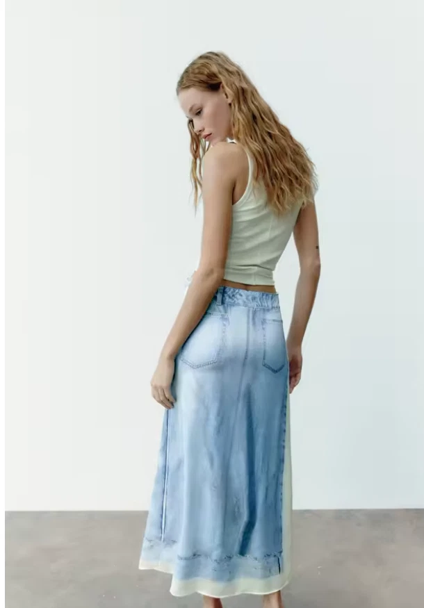 ZARA DENIM LOOK AZUL JEAN ESTAMPADO SATINADO MIDI MAXI FALDA SLIP BLOGGER!  3067/033 XS Foto 4 de 4