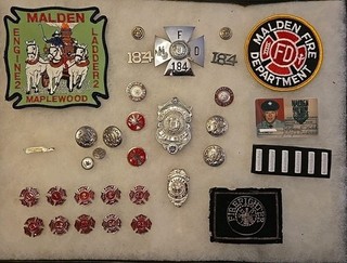 obsolete firefighter badges/ buttons/ patches/ ID Lot. Malden Massachusetts