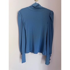 Veronica Beard Jeans Blue Ribbed Puff Sleeve Turtleneck Crest Button Top