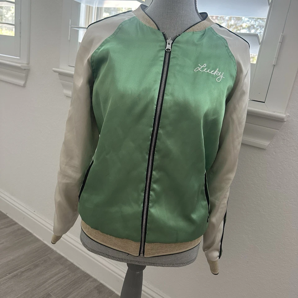 Chaqueta de bombardero Maison Scotch satinada crema verde menta bordado japonés talla pequeña Foto 2 de 4