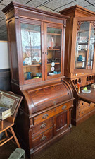 Antique Victorian Eastlake Walnut Secretary Desk & Bookcase Cabinet Roll Front