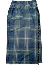 VTG Talbots USA 100 Wool Maxi Wrap Skirt Sz 8 Blue Plaid Fringe 3-Button Lined