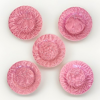 5pc Set Bordallo Pinheiro Pink Majolica Fruits Salad Side Plates 7.75'' Portugal