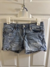 Aeropostale Shorts Womens Size 2 Blue Jeans Denim Distressed Cuffed Midi Low Ris
