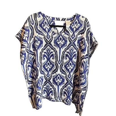 Chicos 100% Linen Flowy Top S/M Poncho Tunic Blue White Ikat Vacay Beach Coastal