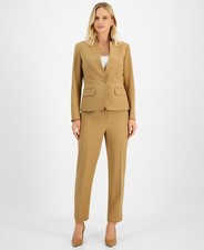 Le Suit Petite Stand Collar One-Button Pantsuit 4P Camel Front Button Closure