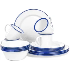 16-Piece Enamelware Metal Dinnerware Set for 4, Solid White/Navy Blue Rim