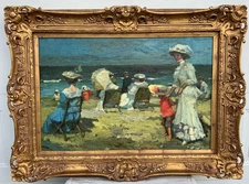 Antique Oil Painting Victorian Women and Child Seaside Ornate Frame  Art  Signed