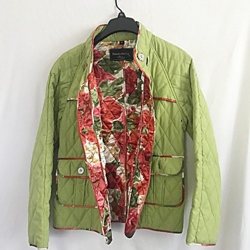 Pamela McCoy Lime Green Quilted Floral Trim Floral Lined Jacket Size M - Picture 6 of 7