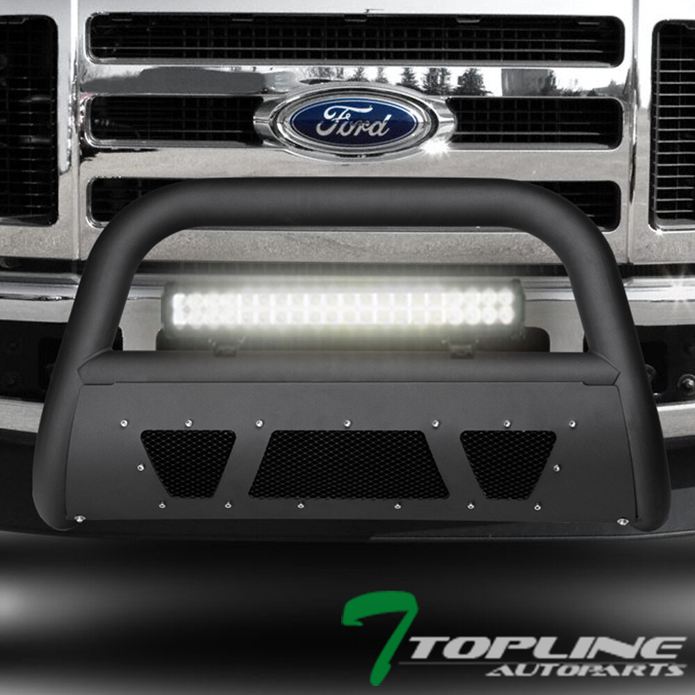Topline For 08-10 Ford F250/F350 Matte Blk Studded Mesh Bull Guard+120W LED Bar