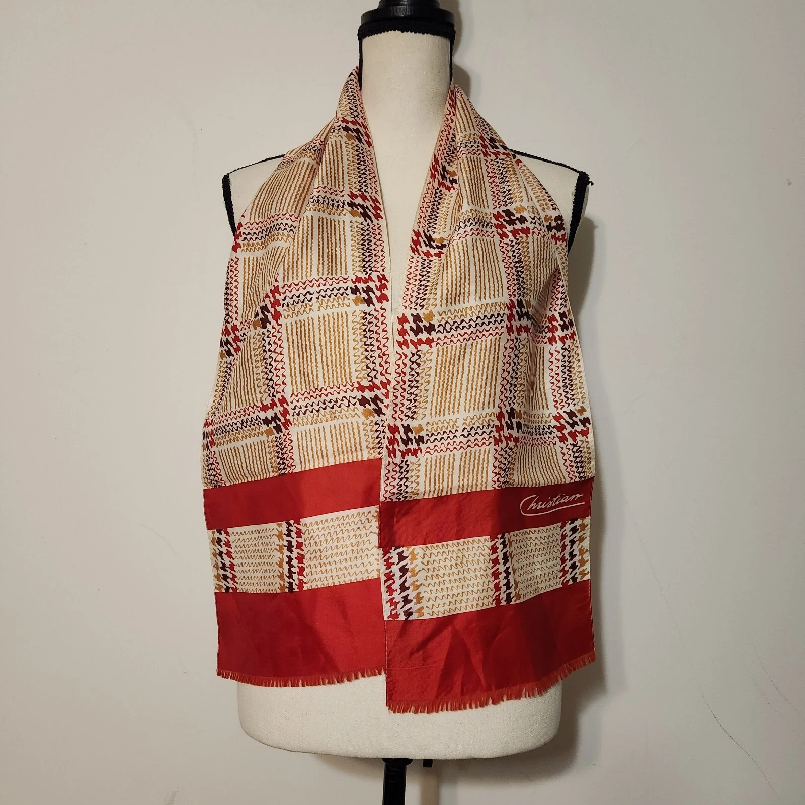 Foulard ancien en acétate signé Christian Made In Italy style pied de poule à carreaux rouges