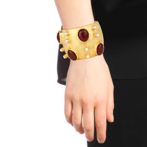 Gold Plated Wide Cuff Bracelet Red Onyx & Pearl Gemstone Texture Brass Jewelry - Image 4 of 4