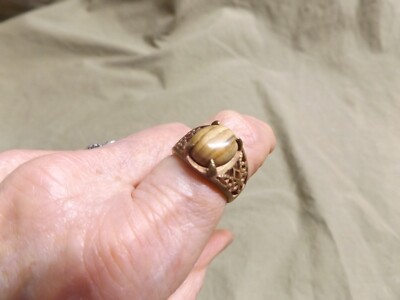 Vintage Cast Brass? Ring w Striped Jade? Oval Stone Unused Size 7.5+