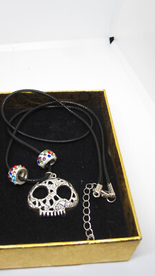 Scary Skull Set of Earrings &Necklace with European Sparkly Rhinestones Spacers 