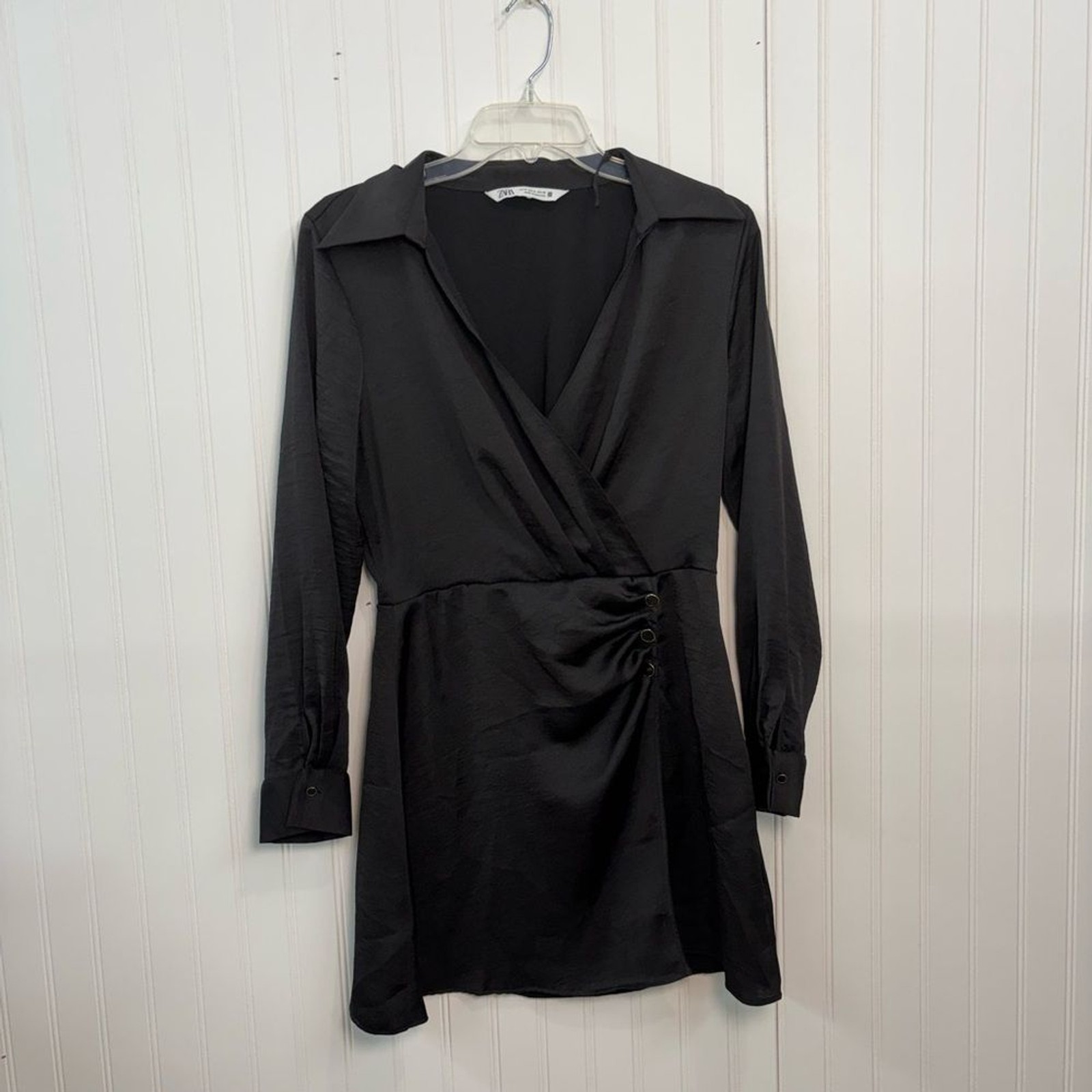Zara Black Long Sleeve faux Wrap satin cocktail mini Dress